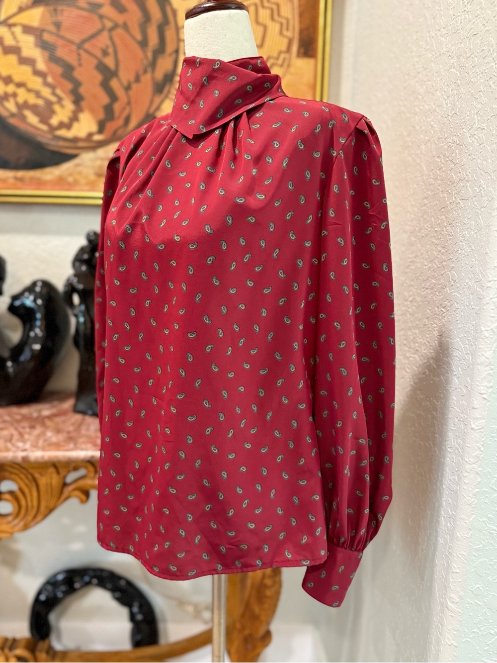 Vintage Casual Corner Red Paisley Mock-Neck Blouse